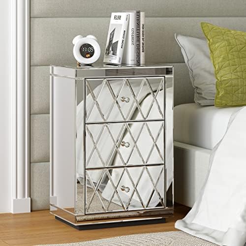 Огледален Шкаф SHYFOY с 3 чекмеджета, Сребърен и малка странична масичка /нощно Шкафче с Мрежесто дизайн, Нощно Шкафче с модерен