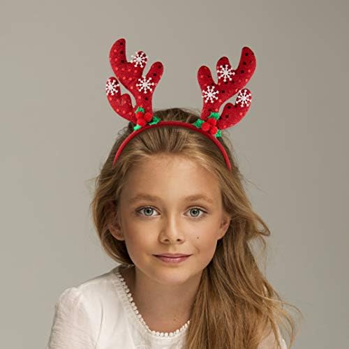 ЛУКСОЗНИ аксесоари Червени Коледни оленьи рога, бели снежинки, пайети, модни превръзка на главата за момичета