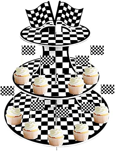 3-Нива Картонена Поставка За кифли в стил състезателна кола /Кула в Черно-Бяла Клетка, Шкаф За Кифли с расата на