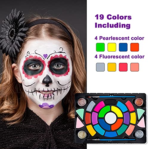 Комплект за рисуване на лице MOEMOE BABY за деца, 19 Големи Цветове Боя на водна основа, 4 Метални Бои, 4 Гъби, Комплект за рисуване грим за Хелоуин, Професионална Боя за Лиц?