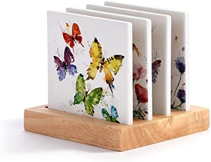 DEMDACO Акварели Пеперуди и Цветя 4,5-инчов Керамични Подложки с Държач Комплект от 4
