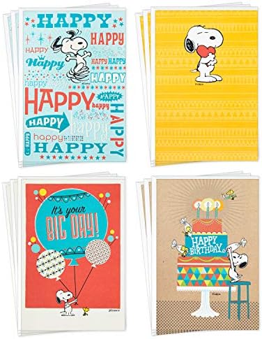 Гама от поздравителни картички Hallmark Peanuts, дизайн Снупи (12 Картички с конвертами)