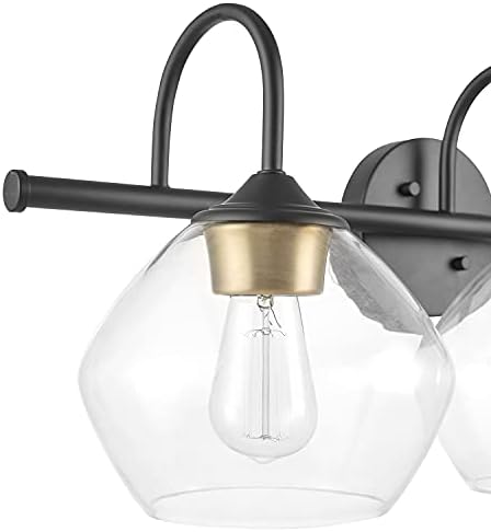 Лампа Globe Electric 51853 3-Light За Тоалетна масичка, Тъмна Бронз, Вложки от Антични Месинг, Лампион От Прозрачно Стъкло, Аксесоари за Козметичен кабинет, Осветление над Оглед