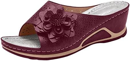 Широк клин пързалки сандали за жени реколта цветя и сандали на платформа удобни ежедневни сандали с отворени пръсти на платформа