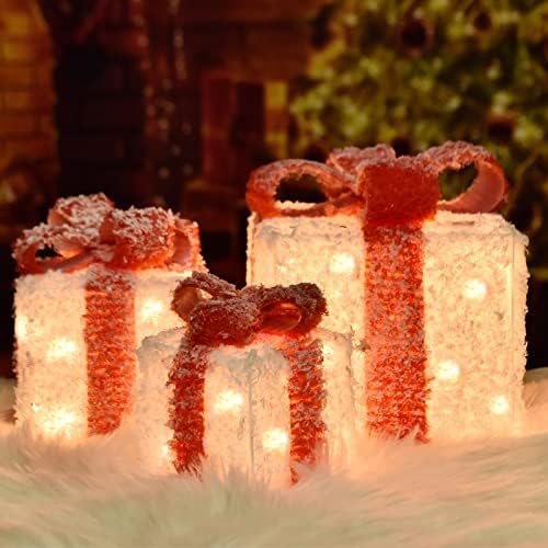 Подаръчни кутии aonear с Коледното осветление, Комплект от 3 Подарък кутии за дома и Двора, украса за Коледно парти (Червен/бял)