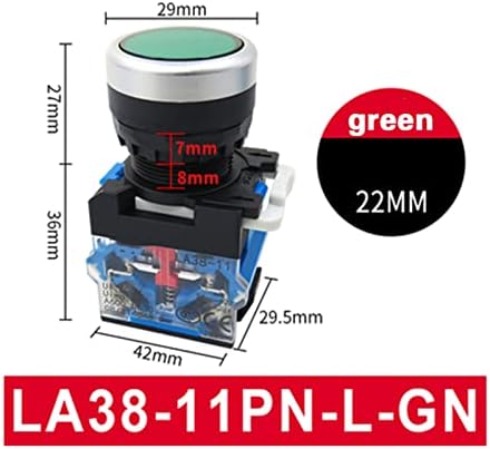 UNCASO 6шт 22 мм LA38 Бутон превключвател с плоска глава 1NO 1NC Мигновени бутон ключове LA38-11 6 цвята Нормално отворен + нормално затворен (Цвят: зелен, размер: самостоятелно б?