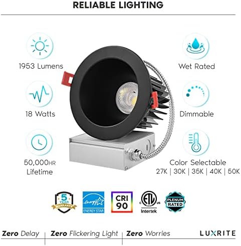 LUXRITE 4-инчов led-вградени лампа с разпределителната кутия, 18 W, CRI 90, 5 цвята за избор, 2700-5000 До 1500 Лумена, Регрессирующий led светлина, лъч на 40 °, с регулируема яркост, за вл