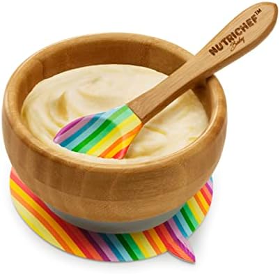 Бамбук купа за хранене NutriChef - Комплект дървени чинии и лъжички за бебета и малки деца с силиконовата вендузата за самостоятелно хранене, за деца на възраст 4-72 месец