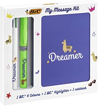 BIC My Message Dreamer Kit - Набор от офис консумативи с 1 химикалка с 4 цвята / 1 зелена дръжка за осветление / 1 бележник A6 White, Многоцветен, (опаковка от 1), 972091