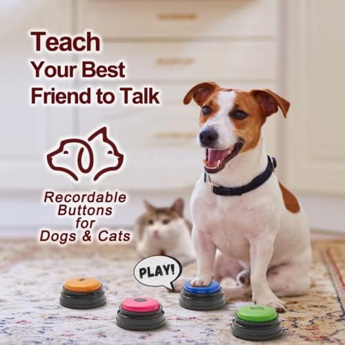 HAPPIXIE 4 бр. Бутони за общуване с кучета със свързващи пръстени и кости - Писане на бутона за кучета, които можете да кликнете, за да общуват в 4 цвята - Научи кучето си да