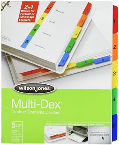 Разделители Wilson Jones MultiDex Index, 5 издатини, за листове с размер 8.5 x 11 инча, Многоцветни шарки, номерирани