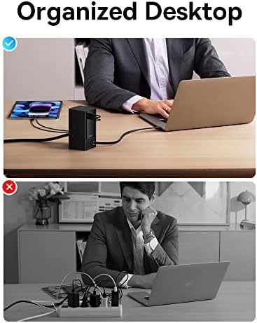 Зарядно устройство, USB C Baseus PowerCombo Tower 65 W, зарядно устройство, 6 в 1 с Прибиращ се кабел USB-C, 3 Гнезда, Портове USB A USB C, Мрежов филтър за MacBook, iPhone, лаптоп, на Няколко устройс