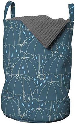 Чанта за дрехи Ambesonne Дъжд, Чадъри с каракулевым модел под формата на капки дъжд, Кошница за дрехи с дръжки, заключващи на шнур, за пране, 13 x 19, Тъмно-синя, бял и син цвя?