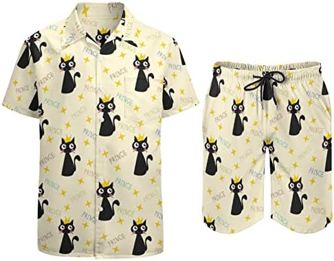 Скъпа Черна Котка, и Короната, Мъжки Плажни Дрехи от 2 теми, Хавайска Риза с копчета с Къс ръкав и къси Панталони,