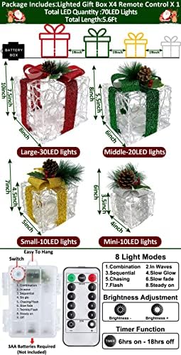 [ Много Големи 12-10-8-7 ] 4 Опаковка от 70 Подарък Кутии С led осветление, Коледна Украса, Таймер, 8 Режима на Управление, Дистанционно Управление, Прозрачна Акрилна Подарък