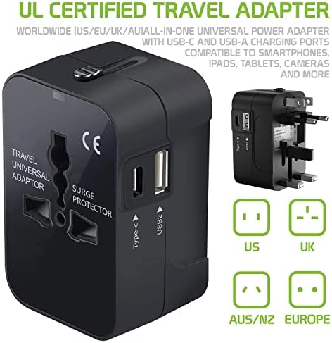Международен захранващ адаптер USB Travel Plus, който е съвместим с LG MS550 за захранване на 3 устройства по целия свят USB TypeC, USB-A за пътуване между САЩ /ЕС /AUS/NZ/UK /КН (черен)