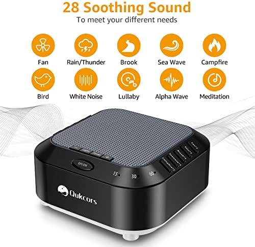 Звукова машина с бял шум, Звукова машина с 28 успокояващи звуци и топло нощно осветление за сън, Звукова машина за сън с таймер, автоматично изключване, функция памет