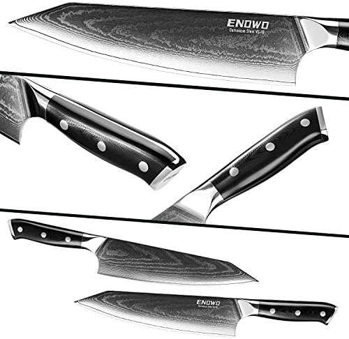Нож на главния готвач enowo Damascus 8 lnch, 4-степенна кухненски острилка премиум-клас, ръкохватка G10 и тройни нитове, с ергономичен