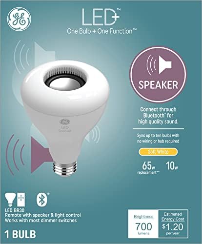 Лампа за вътрешно прожектор на GE Lighting LED + Speaker, Мек бял цвят, Говорител Bluetooth, приложение или Wi-Fi не се изисква,