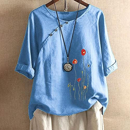 Женска Тениска с кръгло деколте и Къс Ръкав Копчета, Блузи С Цветя Модел, Тениски, Свободна Струящаяся Блуза, Блузи,