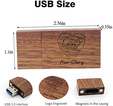 Флаш памет USB 3.0 64 GB с кутия за снимки с выгравированной надпис Нашата история и сърце за юбилей, сватба
