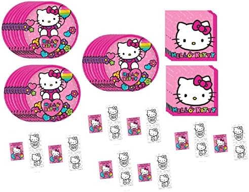 Комплект за парти в чест на рождения ден на amscan Hello Kitty включва 24 Хартиени чинии за десерт торта, 32 Кърпички за торта с напитки, 16 мини-подложки за практикуване на