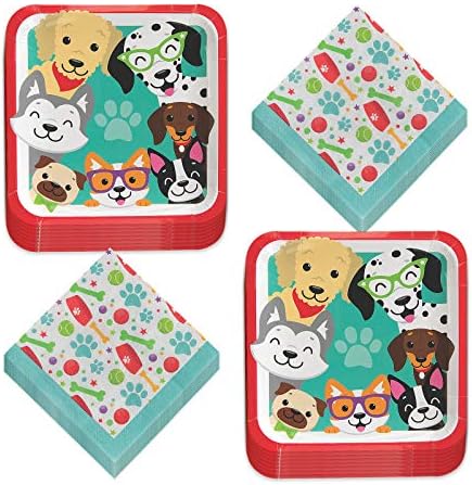 Цветен комплект за рождения Ден на кучето - Хартиени Кът чинии, Както и Салфетки, Кутията с Шарките на Лапи и набор от празнични светлини (на 16 порции)