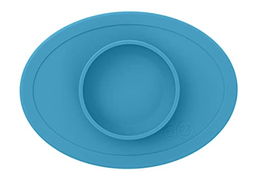 Набор от ezpz Tiny Collection (Синьо) - Силикон чаша, лъжица и купа с вградена стойка за първите ястия + Отлучение