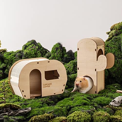 MEWOOFUN Дървена Къща-убежище за хамстер, Дървени Къщички, Играчки, колекция от Аксесоари (Cactus + Количка
