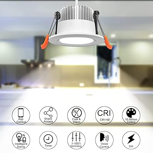 Лампа LightingWill Smart WiFi LED Downlight, 2-Инчов Led-Вградени Осветителни тела, Led тавана лампа с мощност 5 Вата,