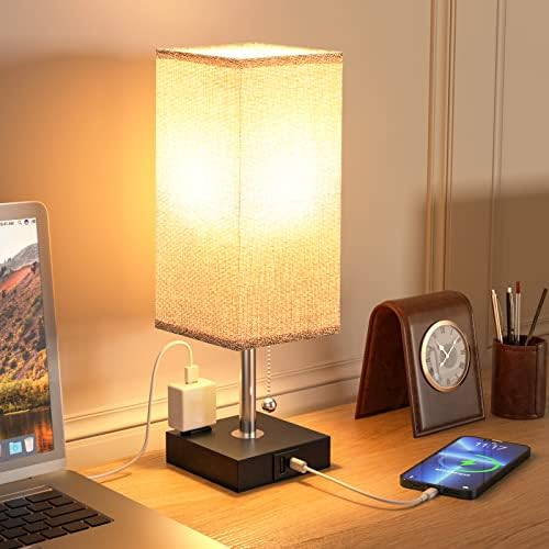 Сива и Червена Нощна лампа с USB порт и жак - Настолна лампа с зарядно USB порт на C + A и розетка за променлив