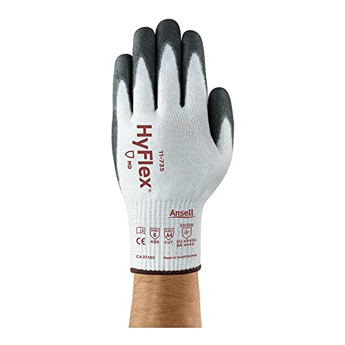 Ръкавици Ansell Healthcare 163845 Серия 11-735 HyFlex HPPE, Безпроблемна подплата от найлон, стъклени влакна, ликра с черно покритие от изкуствена кожа, без силикон, 10 калибри, в Размер