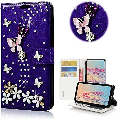 Калъф STENES за iPhone SE - Стилен - 3D Ръчно изработени с украса във вид на кристали, S-Link, Портфейл с отделения за кредитни карти с пеперуда и цветя принтом, Кожен калъф-поста