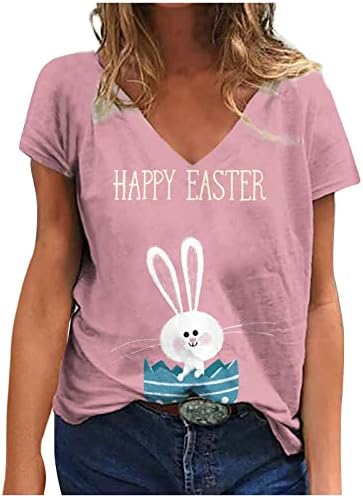 Великденски Ризи за Жени 2023, Християнски Празници Блузи с V-образно деколте, Сладки Тениски с Изображение на Заек, Лятна Блуза
