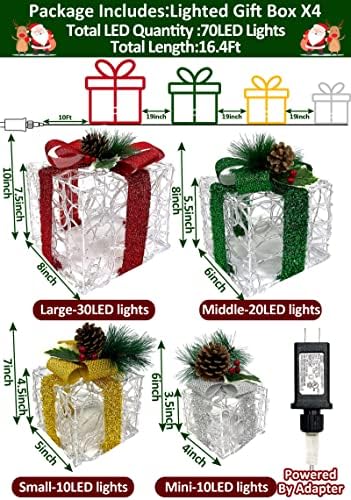 [ Много Големи 12-10-8-7 ] 4 Опаковка от 70 Led Подарък Кутии с осветление, Коледна Украса, Вставляемая Прозрачна Акрилна Светещ Кутия за Коледни подаръци, Лък, Украса за Кол