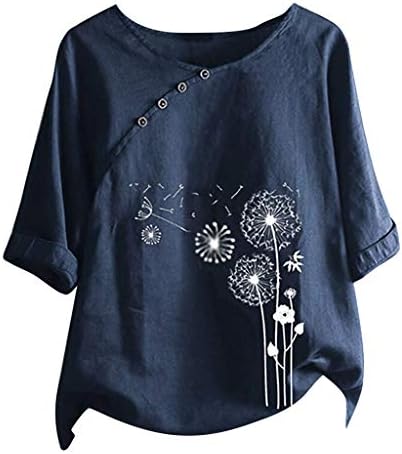 Памучни Ленени Блузи за Жени, Ежедневни Лятна Тениска с Къс Ръкав и Принтом Глухарче Копчета, Блузи Свободно Намаляване