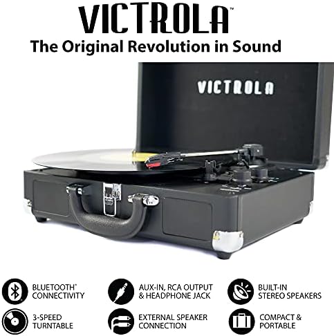 Преносим чемоданный плейър Victrola Vintage с 3 скорости, Bluetooth с вградени тонколони | Подобрена саундтрак на играч|