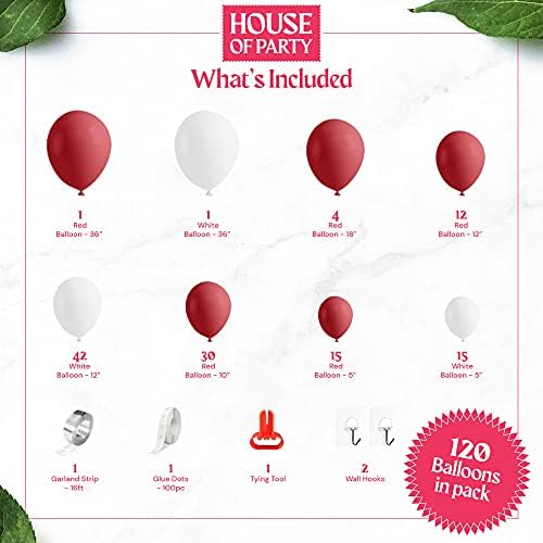 Набор от Гирлянди от червени и бели балони HOUSE OF PARTY - 123 бр., Мат Комплект Арка от червени и бели балони
