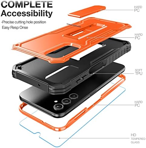 Калъф FITO за Samsung Galaxy A14 5G, Двуслойни устойчив на удари сверхпрочный калъф за мобилен телефон Samsung A14 със стъклен предпазно фолио, вградена в стойка (оранжев)