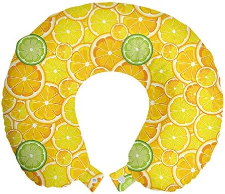 Ambesonne Жълта Пътна Възглавница за шията, Лимон, Портокал, Лайм, Цитрусови плодове, Нарязани на Филийки, Голям и