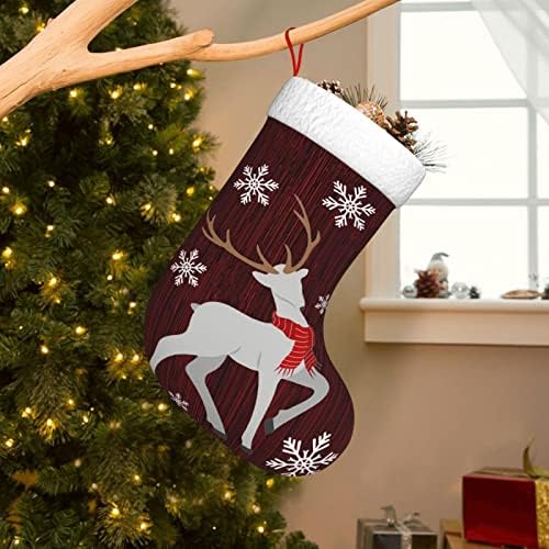 Червени Коледни Чорапи с Принтом под формата на Снежинки и Сърни, Червени Коледни Чорапи, Персонални Коледни Украси,