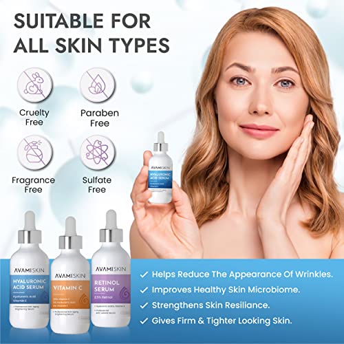 Комплект серум Avami Skin от 3 теми - Комплект за грижа за кожата на лицето със серум С витамин С, серум хиалуронова