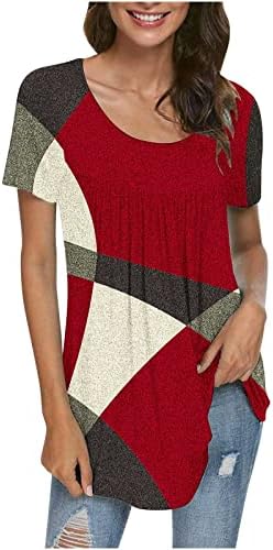 2023 Жена Топ с Къс ръкав и Геометричен Модел, Ежедневни Летни Свободни Тениски с Кръгло деколте, Блуза