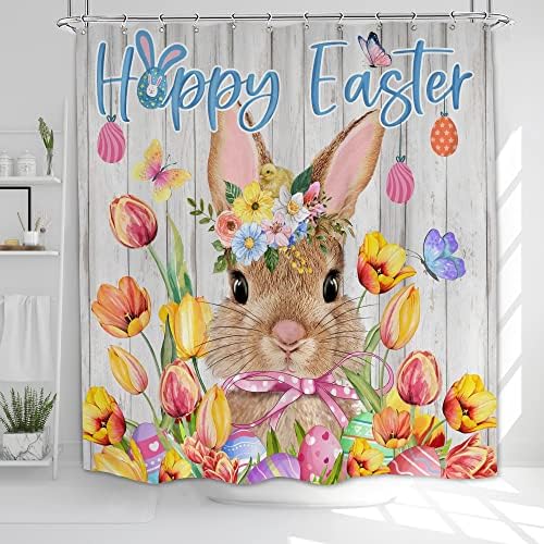 Великден Завеса за душ, Великден Завеса за баня, честит Великден с Кроличьими яйца и цветове на Лалета Пролетен Празник