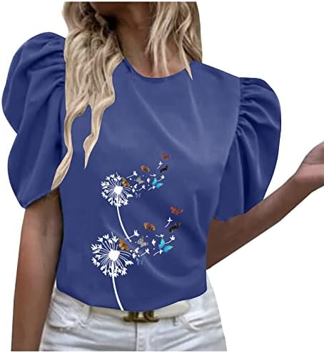 Дамски Елегантни Блузи и блузи, Тениски с пищни ръкави, Летни Блузи Свободно Намаляване с кръгло деколте, Мода 2023, Бизнес