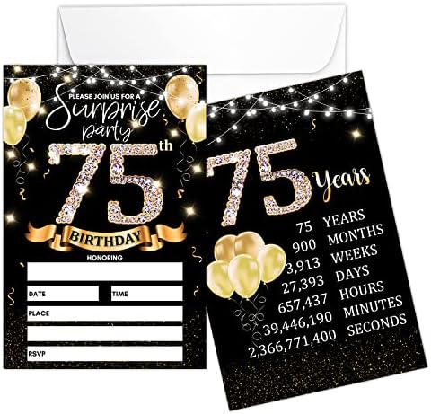 покана карта на парти в чест на 75-годишнината - Покани от черно злато с надпис рожден Ден На гърба, Двустранните покани за попълване - 20 Картички с конвертами за пода?