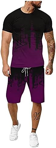 UXZDX Летен Мъжки костюм за фитнес, Спортно облекло, тениски с къс ръкав + шорти за рисуване, 2 броя (Цвят: лилаво, Размер: