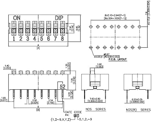 Превключвател DIP drawing code ДС-04-V 2.54 мм, цифров ключ, четири ключа, разстоянието между елементите на околната