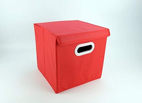 Сгъваема Малка Кутия за съхранение с Капак, Текстилен Контейнер с Титулярите, Кутии /Кубчета за Съхранение на Играчките в Шкафа за офис, Фотообувь, 12 x 12 x 12 инча (черв