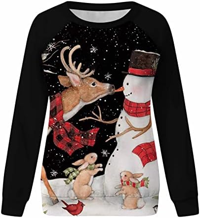 Hoody за жени Коледен Елен Снежен човек Пуловер с Кръгло деколте и Дълъг Ръкав, Тениски, Празничен Бейзбол, Коледни
